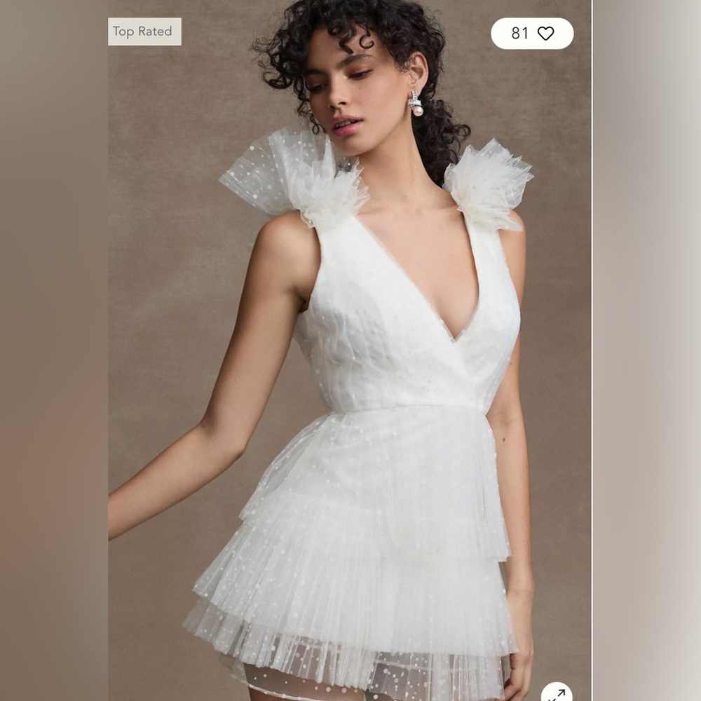 ML Monique Lhuillier Perrie Tiered Shoulder-Ruffle V-Neck Mini Dress